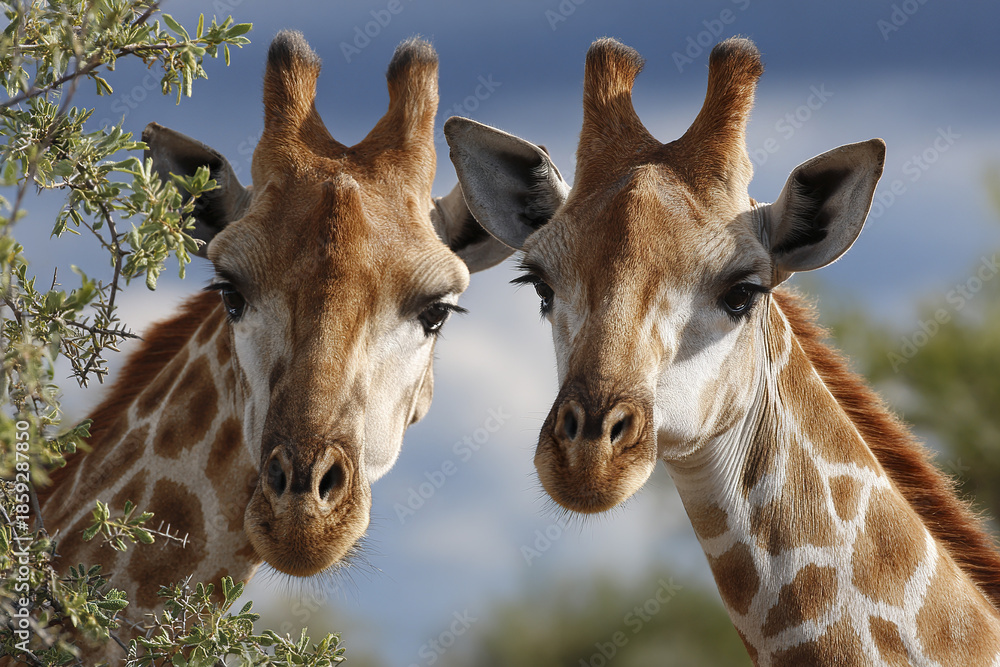 Fototapeta premium Two giraffe heads close up in natural habitat with green foliage and cloudy sky background, showing their distinctive patterns and gentle expressions in safari setting