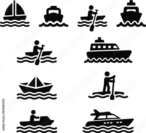 Collection of black icons representing various watercraft on waves