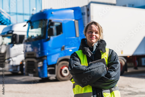 Female semi truck driver standing confident with crossed arms in front of fleet trucks at a cold storage warehouse
