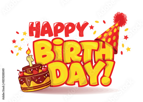 Happy birthday greeting text with cake and birthday cap for greeting card, invitation in comic pop art style. Vector template on transparent background