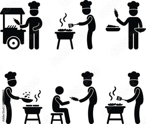 Street food preparation and serving icons