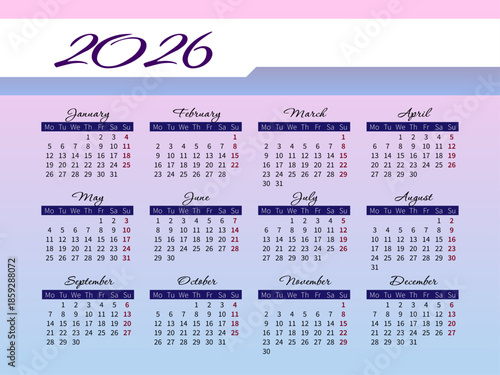 Blue rose gradient vector template new year calendar 2026