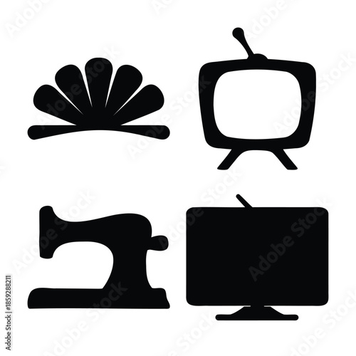 Essential household, media, and craft tool silhouette icons set Vector