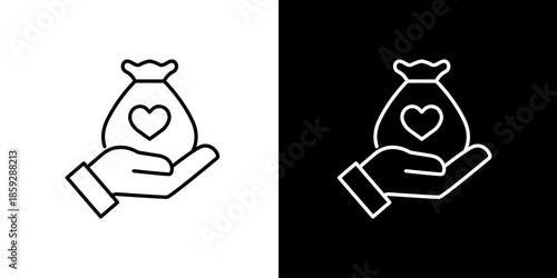 Vector icon illustration of a hand holding a money bag with a heart, symbolizing charitable giving, financial donation, and philanthropic support