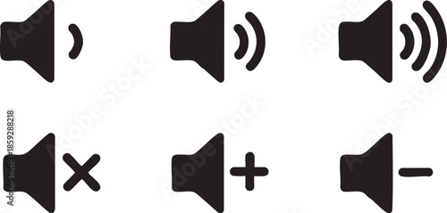 Collection of simple speaker volume icons representing different sound levels and mute ideal for UI design and apps