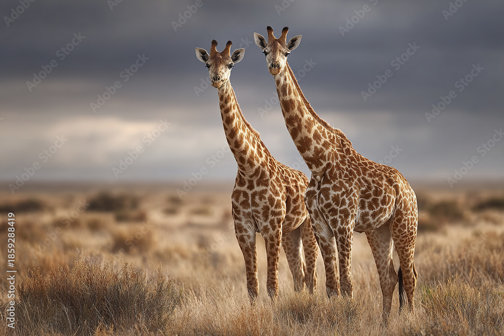 Fototapeta premium Two giraffes standing together in African savanna under cloudy sky with dry grass and bushes, creating calm and natural wildlife scene
