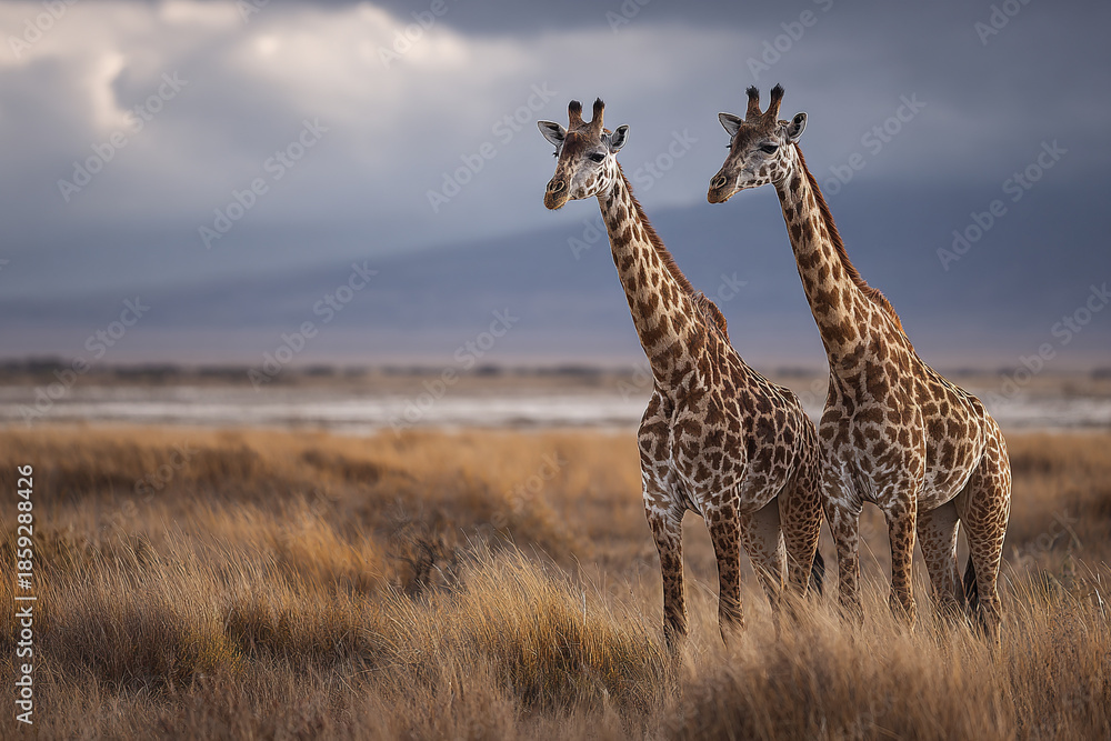 Obraz premium Two giraffe standing together in African savanna with cloudy sky and dry grassland, showing natural wildlife beauty and peaceful atmosphere in wild habitat