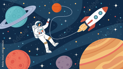 Astronaut exploring vibrant galaxy with planets and rocket