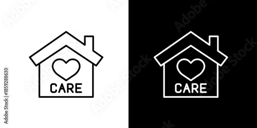 Single icon of house with heart and the word 'CARE' inside, representing home and compassion