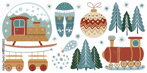Whimsical winter wonderland scene with trains, trees, and ornaments