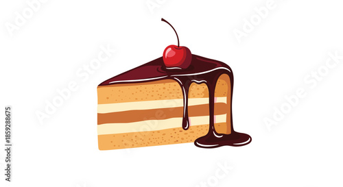 Delicious slice of three layer cake with chocolate fudge dripping down the side and a red cherry on top.