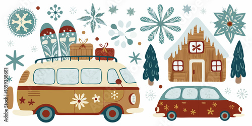 Vintage cars and winter decorations in a festive holiday scene