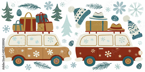 Vintage cars packed for winter road trip with luggage and snowflakes