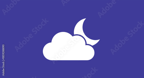 Night sky weather icon with a white crescent moon and fluffy cloud on a solid dark blue background for sleep or forecast.