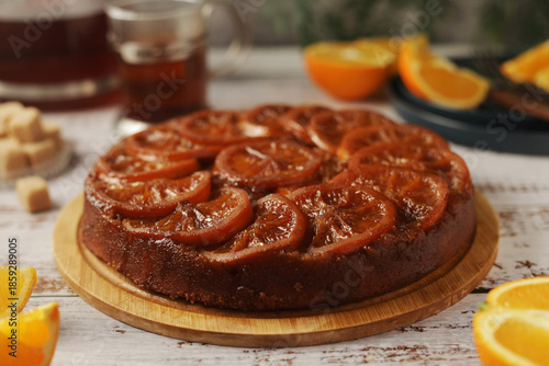 Photos Upside down orange cake, ready homemade on the table