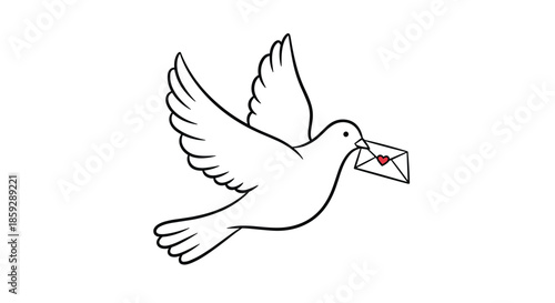 Simple line drawing of a white dove flying through the air carrying a love letter with a heart on the envelope flap.