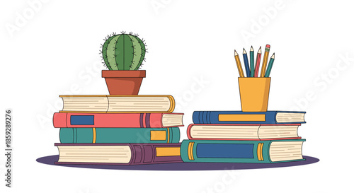Piles of school books with a small cactus in a pot on top and pencils in a holder on a clean white background setup.