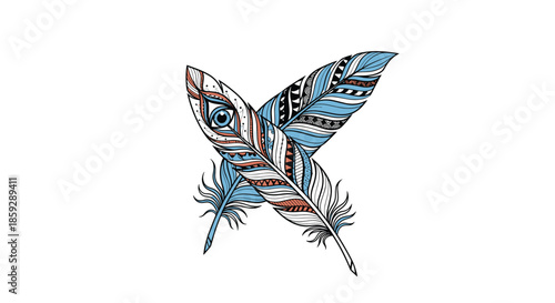 Intricate decorative feathers with tribal patterns and a central eye symbol in shades of blue and terracotta orange.