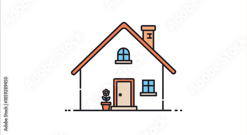 Minimalist line art illustration of a cozy small house with a chimney and a single flower in a pot outside the door.
