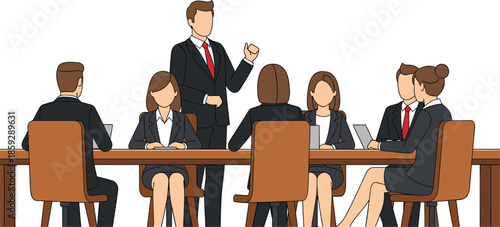 Business team meeting illustration, corporate boardroom discussion, professional office teamwork concept, leadership presentation, diverse employees collaboration, strategy planning, modern workplace 