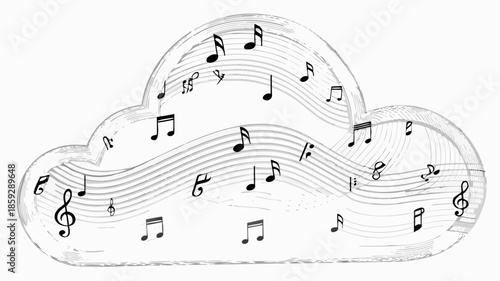 Musical cloud with floating notes and treble clefs floating