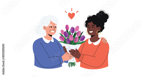 Senior woman and younger woman sharing a moment while holding a large bouquet of purple and pink tulips with a heart.