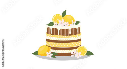 Three layered naked chocolate cake decorated with fresh whole lemons and white blossoms on a grey circular plate.