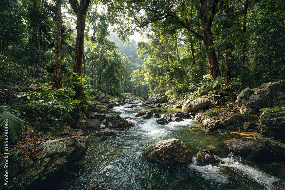 Obraz premium Tropical jungle with flowing stream surrounded by lush green trees and rocks, creating peaceful natural ecosystem with sunlight filtering through dense forest canopy