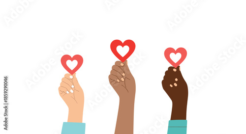 Three hands with different skin tones raised up holding red heart shapes symbolizing unity diversity and love.