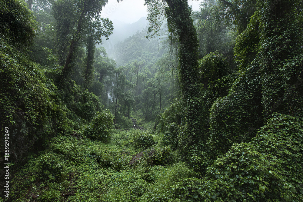 Obraz premium Dense tropical rainforest landscape with lush green foliage covering tall trees and ground, misty atmosphere creating serene and untouched natural environment