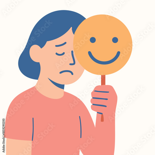 Minimal Flat Vector Illustration of a Character Holding a Happy Face Mask to Hide Sadness, Mental Health Awareness and Depression Stigma Concept