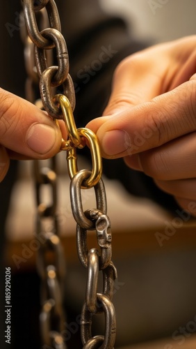 Hands Connecting Metal Chains Linking Gold Silver. Concept featuring chains, metal, hands, linking, gold.