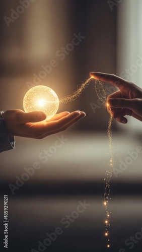 Magical Connection with Glowing Sphere Hands Light Sparkle. Concept featuring magic, glowing sphere, hands, connection, light.