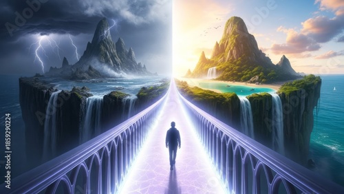 Journey Between Two Worlds Surreal Landscape Fantasy. Concept featuring surreal, landscape, fantasy, bridge, storm.