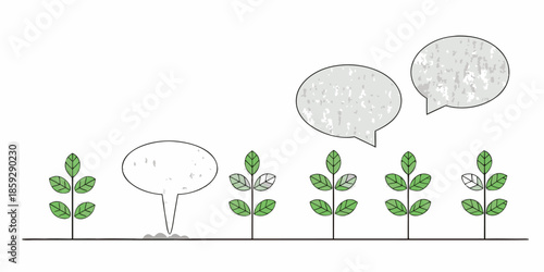 Plants growing with speech bubbles on white background