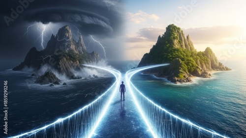 Pathway Between Two Worlds Surreal Bridge Island. Concept featuring surreal, bridge, island, storm, serenity.