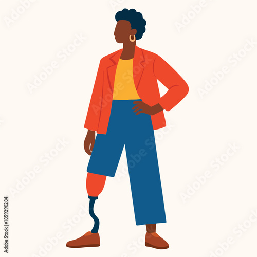 Minimal Flat Vector Illustration of a Confident Fashionable Person with a Prosthetic Leg, Disability Inclusion and Empowerment Stigma Concept on White Background