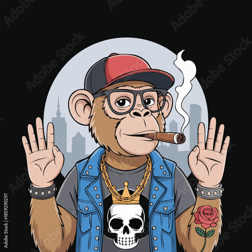 Hip Hop Monkey With Cigar In Denim Jacket And Crown Necklace.