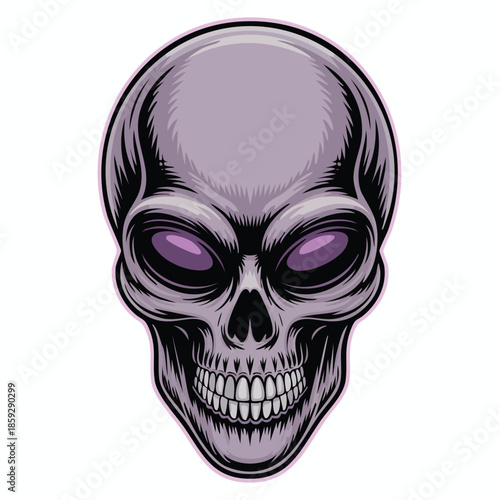 Illustrated purple eyed skull portrait for dark themed designs.