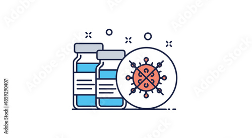 Medical illustration of two vaccine vials next to a circular icon containing a red virus cell symbol for health.