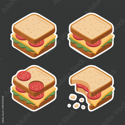 Delicious sandwich sticker set display with cheese and toppings.