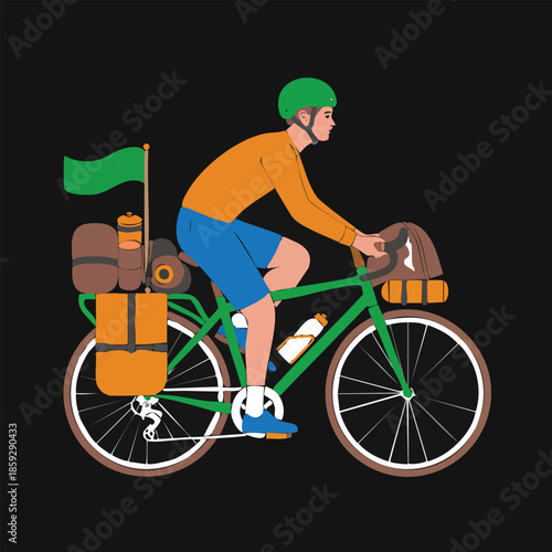 Cyclist Riding a Fully Loaded Touring Bicycle.