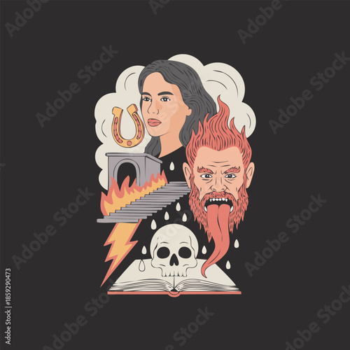 Eclectic Collage Highlighting Skull Fire Book and Portraits.