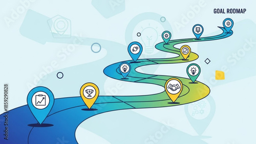 A winding roadmap illustration with location pins and icons on a light background, showcasing a journey or path