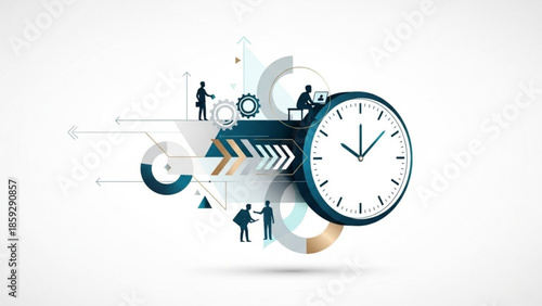 A large clock dominates the scene surrounded by abstract business elements and silhouettes from an overhead viewpoint.