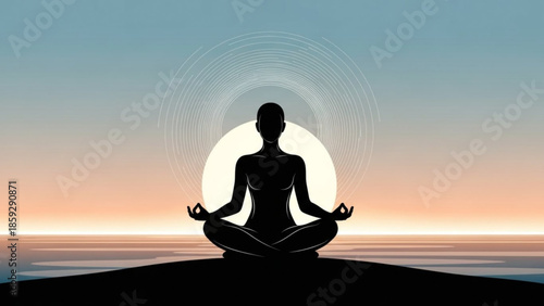 A serene silhouette meditates in lotus position on a tranquil beach at sunset with a calm ocean and peaceful atmosphere