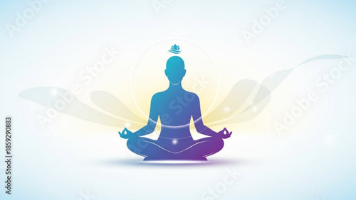 A serene person meditating in a lotus position surrounded by a peaceful aura