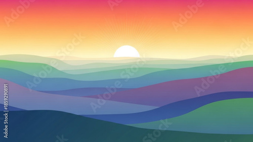 Vibrant hills unfolding under a radiant sunset in a serene landscape viewed from a distance.