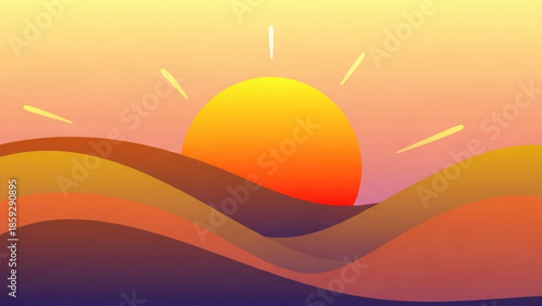 A serene sunset over rolling hills in a vibrant landscape viewed from a distance