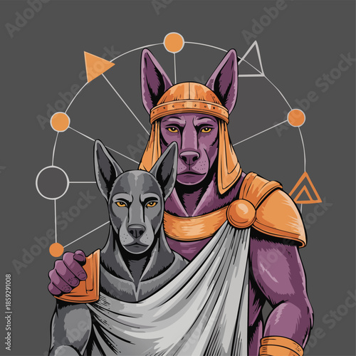 Purple armored warrior beside a grey dog like guardian in fantasy armor.